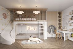 a child's bedroom with a bunk bed and play area