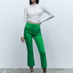 Size Xs. High Waist Pants. Front Welt Pockets. Flared Legs Front Closure With Zipper And Metallic Hook. 52% Cotton 45% Polyester 3% Elastane Trendy Zara Ankle-length Pants, Zara Fitted Green Wide Leg Pants, Zara Green Fitted Wide Leg Pants, Fitted Green Zara Bottoms, Zara Elegant Green Bottoms, Fitted Green Zara Pants, Zara Stretch Dress Pants For Spring, Elegant Green Zara Pants, Zara Green Stretch Bottoms