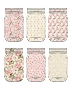 six mason jars with pink roses and lace on them, all lined up in the same pattern