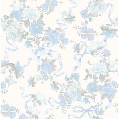 a white and blue floral wallpaper with flowers