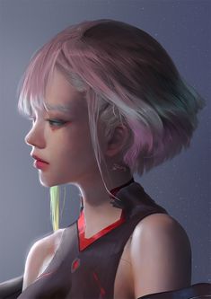 a digital painting of a woman with pink hair