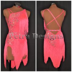 two views of the back and side of a woman's pink fringed dress