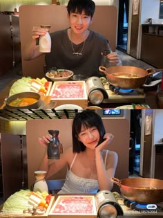 a woman sitting at a table with some food in front of her