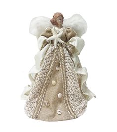 an angel figurine with white wings and gold dress is shown on a white background