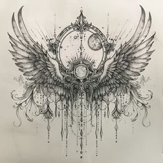 an artistic tattoo design with wings and a clock