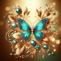 a blue butterfly with gold leaves and pearls on it's wings is surrounded by jewels