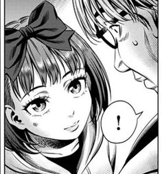 two anime characters are looking at each other in black and white, one is wearing a bow