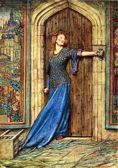 a painting of a woman standing in front of a door