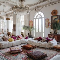 a living room filled with lots of furniture and pillows on top of a rug covered floor