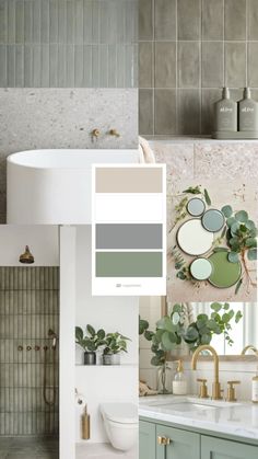 the bathroom is decorated in shades of gray and green