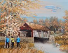 a painting of three people standing in front of a pond with an alien flying over them