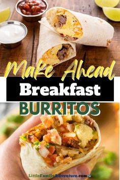 the breakfast burrito is cut in half and ready to be eaten