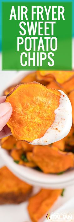 air fryer sweet potato chips in a white bowl with text overlay that reads, air fryer sweet potato chips