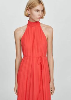 Pleated halter neck dress -  Women | Mango USA Halter Neck Midi Dress, Mango Clothing, Mango Dress, Halter Neck Dress, Mango Outlet, Fancy Dress Accessories, Fancy Dress For Kids, Coral Dress, Pleated Fabric