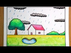 a drawing of a house in the rain with trees and clouds above it, on a wooden surface