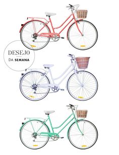 four different bikes with baskets on the front and back wheels, all in different colors