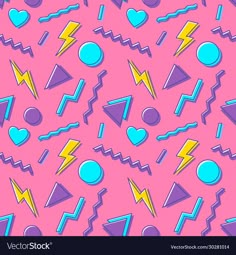 an abstract pink background with blue and yellow shapes, hearts, and lightning boltes