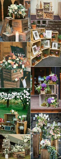 many different pictures of flowers in wooden boxes and vases on the ground, some with cards attached to them