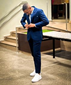 Prom Suits For Men Blue, Blue Prom Suits For Guys, Prom Looks For Guys, Blue Prom Suit, Suits For Guys, Mens White Suit, Prom Outfits For Guys, Men Prom, Suits And Sneakers