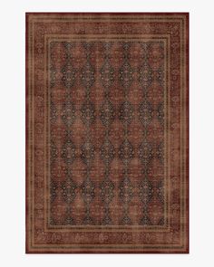 a red rug with an intricate design on the center and sides, in dark brown tones