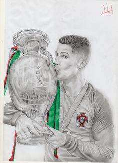 a drawing of a man kissing a trophy