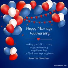 a happy marriage anniversary card with balloons and streamers on a blue background for an anniversary celebration