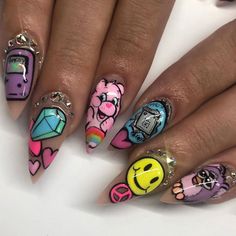 90s nail manicure vibe nostalgia ask Teal Acrylic Nails, 90s Nails, Cartoon Nails, Funky Nail Art, S Nails, Curved Nails, Retro Nails, S Aesthetic