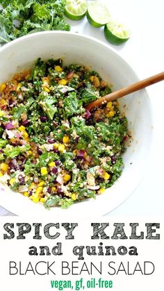 spicy kale and quinoa salad in a white bowl with a wooden spoon