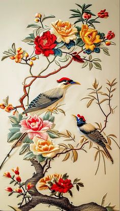 a painting of birds sitting on top of a tree branch with flowers in the background