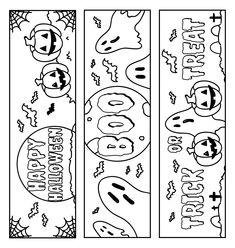 three bookmarks with the words happy halloween written in black and white on each one