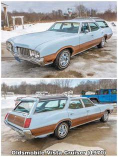 two pictures of an old car in the snow and one with wood trim on it