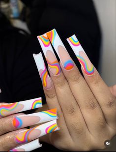 Colorful Square Acrylic Nails, Nicki Inspired Nails, Long Square Summer Nails, Lsd Nails, Pride Nail, Acrylic Nails Long, Colourful Acrylic Nails