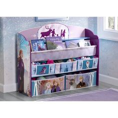 children's bookcase with frozen princess pictures on the front and bottom shelves in purple