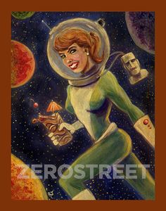 a painting of a woman in an astronaut suit flying through the air with space shuttles around