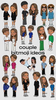 cartoon people are standing together in different poses and colors, with the words couple bimoji ideas above them