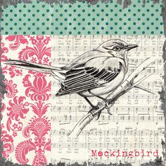 a bird sitting on top of a tree branch next to music sheets and polka dots