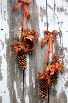 two pine cones decorated with fall foliage and bows hang on the side of an old wooden door