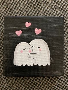 a painting of two white dogs with hearts on their foreheads, one is kissing the other