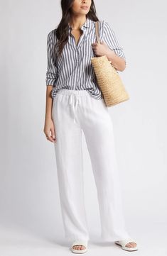 Caslon® Drawstring Straight Leg Linen Pants | Nordstrom Chic Linen Wide Leg Pants With Drawstring, Casual Summer Daywear Pants, Casual Summer Pants For Daywear, White Straight Pants Outfit, Casual Wide Leg Pants For Daywear, Casual Linen Wide Leg Pants With Drawstring, Linen Straight Pants With Tie Waist, Casual Wide Leg Pants With Relaxed Fit For Daywear, Linen Summer Pants For Daywear