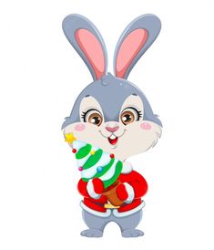 a cartoon bunny holding a candy cane in his hand and smiling at the camera, while standing