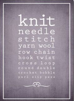 a poster with the words knit needle stitch in white on a purple background and an ornate frame