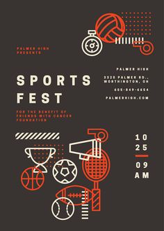 an advertisement for the sports festival with different items on black and orange background, including a basketball