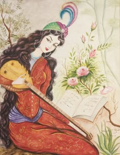 a painting of a woman sitting on the ground with a book in her lap and holding a fan