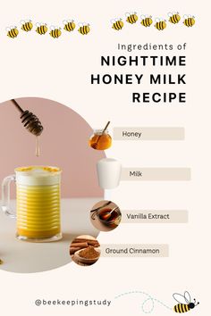 the ingredients for honey milk being poured into a mug with honey in it and on top of