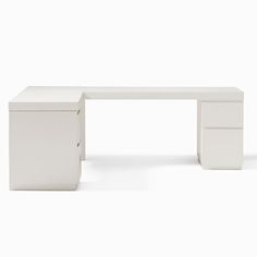 a white desk with two drawers on the top and one drawer open to reveal something