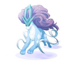 a blue and purple pony with long manes on it's back legs, standing in front of a white background