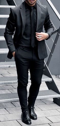 Full Black Suit, All Black Suit, Prom Suits For Men, Black Outfit Men, Dress Suits For Men