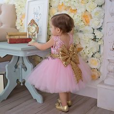 The Princess Aisha dress in Pink & Gold is pretty and sweet - just like your little girl! Fluffy layers of soft pink tulle make up the tutu skirt. Pink embroidered lace covers the cotton-lined bodice in the front. The delicate lace forms a "V" on the back. It has a lovely gold sequin sash around the waist and the large gold sequin bow on the back. The tulle, lace, sequins, and bow make the Aisha Dress a little princess Dream Dress! Lace, Tulle, Cotton Lining, Gold Sequin Fabric Sash and Bow 1st Year Birthday, Newborn Party, Baby Special Occasion Dress, Toddler Birthday Dress, Baby Party Dress, Girls Lace Dress, Dress For Baby, Girl Sleeves, Dress Christmas