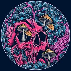 a skull with mushrooms on it's head in the middle of a circular design