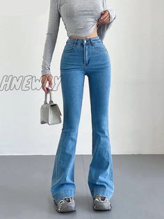 Hnewly Stretch Jeans Flared Trousers Women’s Pants Y2K Fashion High Waist Vintage Casual Baggy Non-stretch Y2k Flare Jeans, Non-stretch Wide Leg Flare Jeans In Y2k Style, Non-stretch Y2k Wide Leg Flare Jeans, Y2k Non-stretch Wide Leg Flare Jeans, Y2k Wide Leg Flare Jeans, Y2k Style Full Length Pants For Fall, Y2k Full Length Pants For Fall, Y2k Full-length Pants For Fall, Stretchy Y2k Blue Bottoms